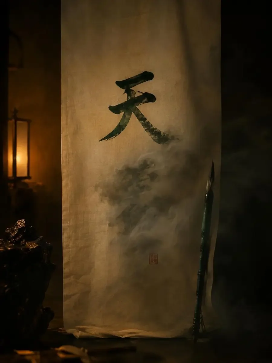 米白绢帛上的墨绿书名，第二个字被飘过的灰雾擦掉