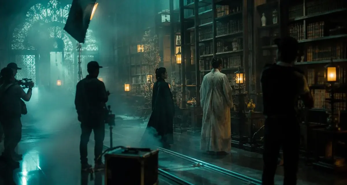 东方奇幻短剧的书楼实景片场，墨绿书架、人造雾与灯光组工作人员
